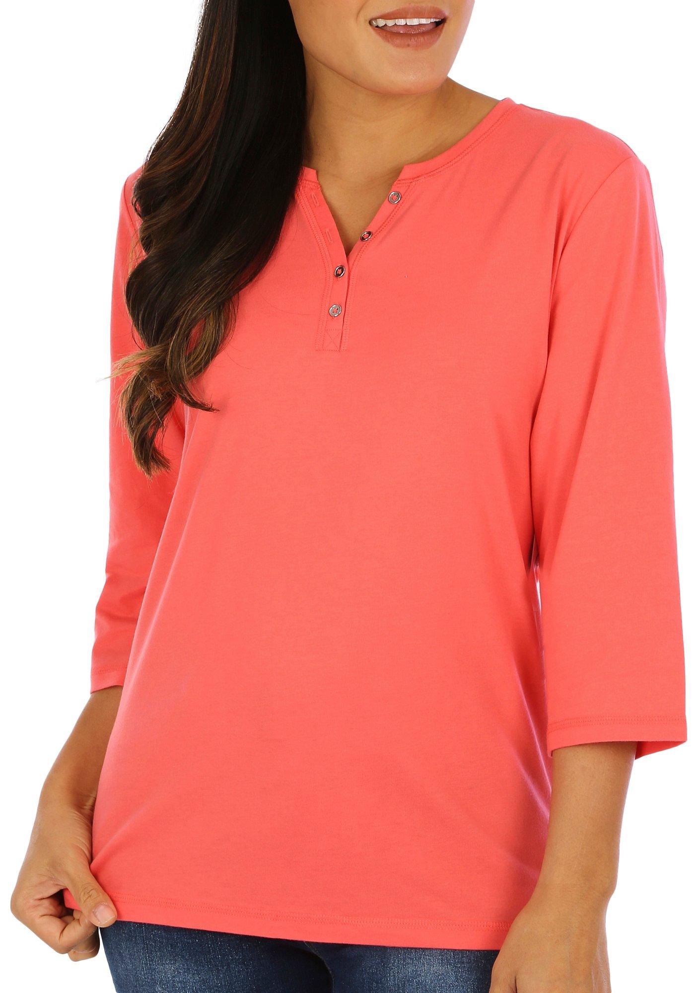 Coral Bay Womens Solid Henley Button Placket 3/4 Sleeve Top