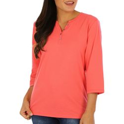 Coral Bay Womens Solid Henley Button Placket 3/4 Sleeve Top
