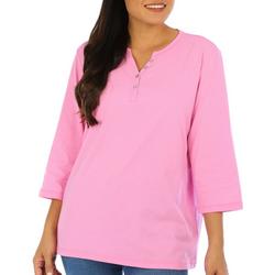 Womens Solid Henley Button Placket 3/4 Sleeve Top
