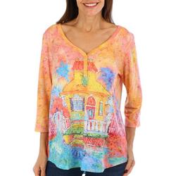 Womens Cottage Print Henley 3/4 Sleeve Top