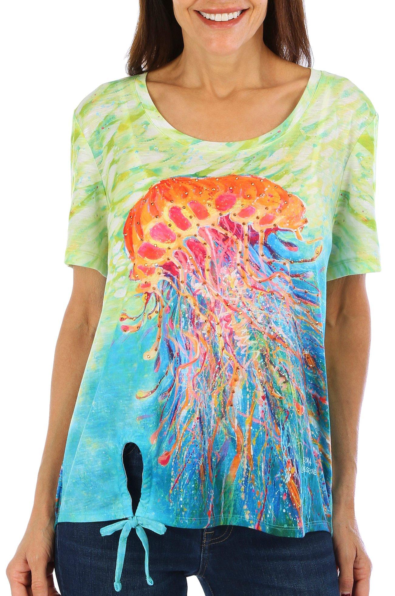 Womens Jellyfish Tie Front Short Sleeve Top