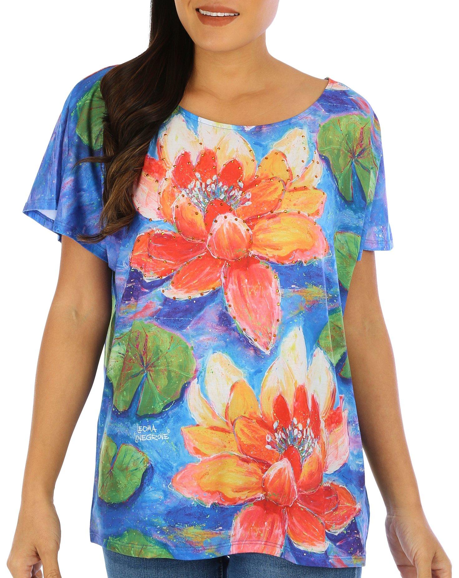 Womens Water Lily Print Short Sleeve Top