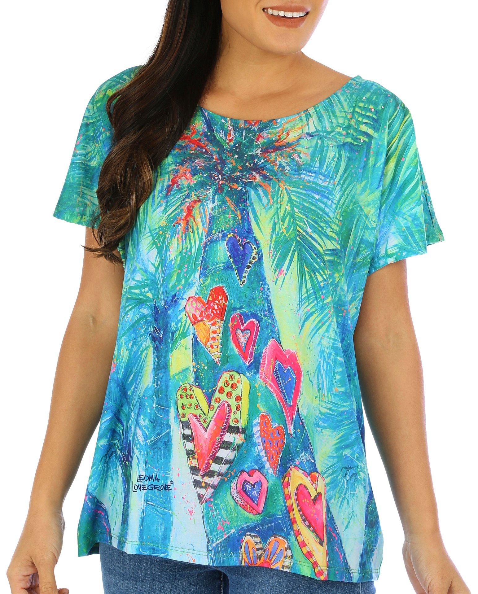 Womens Hearts Of Palm Print Short Sleeve Top