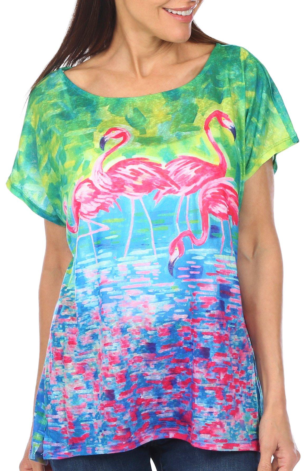 Art & Sol Womens Flamingos Dolman Short Sleeve Top