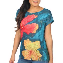 Art & Sol Womens Hibiscus Blooms Dolman Short Sleeve Top