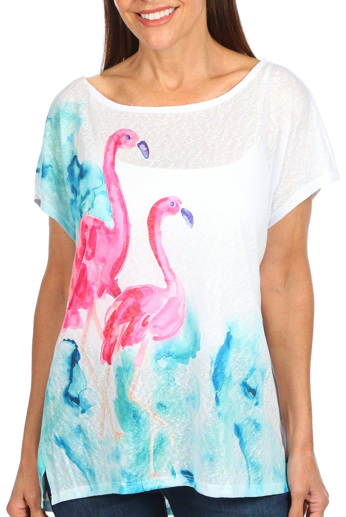 Art & Sol Womens Flamingos Dolman Short Sleeve Top