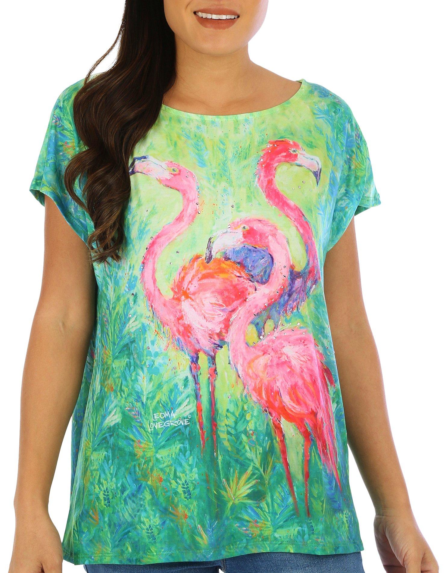 Womens Flamingo Print Short Sleeve Top