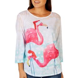 Womens Christmas Flamingos Embellished 3/4 Sleeve Top