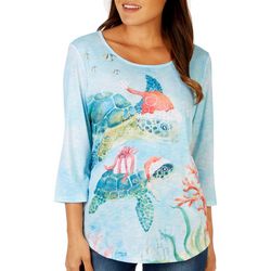 Womens Christmas Sea Turtles Embellished 3/4 Sleeve Top