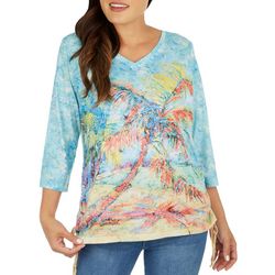 Womens Palms Away 3/4 Sleeve Double Side Tie Ruched Top