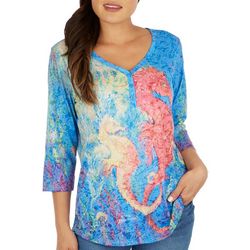 Womens Seahorse 3/4 Bling Button Top