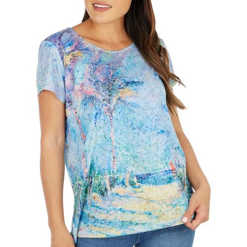Womens Embellished Palm Short Sleeve Top