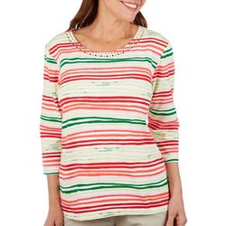 Coral Bay Womens Holiday Stripe Embellished 3/4 Sleeve Top