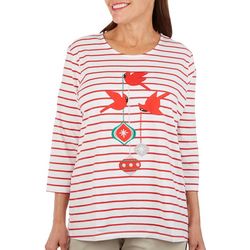 Womens Stripe Embroidered Cardinal Ornaments 3/4 Sleeve Top