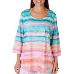 Womens Sea Shell Sunset Scoop Neck 3/4 Sleeve Top