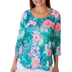 Coral Bay Womens Tropical Hibiscus Scoop Neck 3/4 Sleeve Top