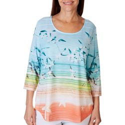 Womens Seagull Sunset Scoop Neck 3/4 Sleeve Top