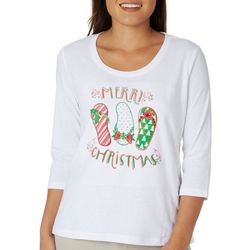Womens Merry Flip Flop Christmas Embroidered 3/4 Sleeve Top
