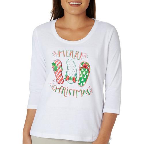 Womens Merry Flip Flop Christmas Embroidered 3/4 Sleeve