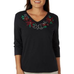 Womens Poinsettia Embellished Christmas 3/4 Sleeve Top