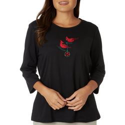 Womens Christmas Cardinals Embroidered 3/4 Sleeve Top