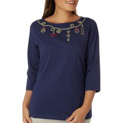 Womens Embroidered Christmas Ornaments 3/4 Sleeve Top