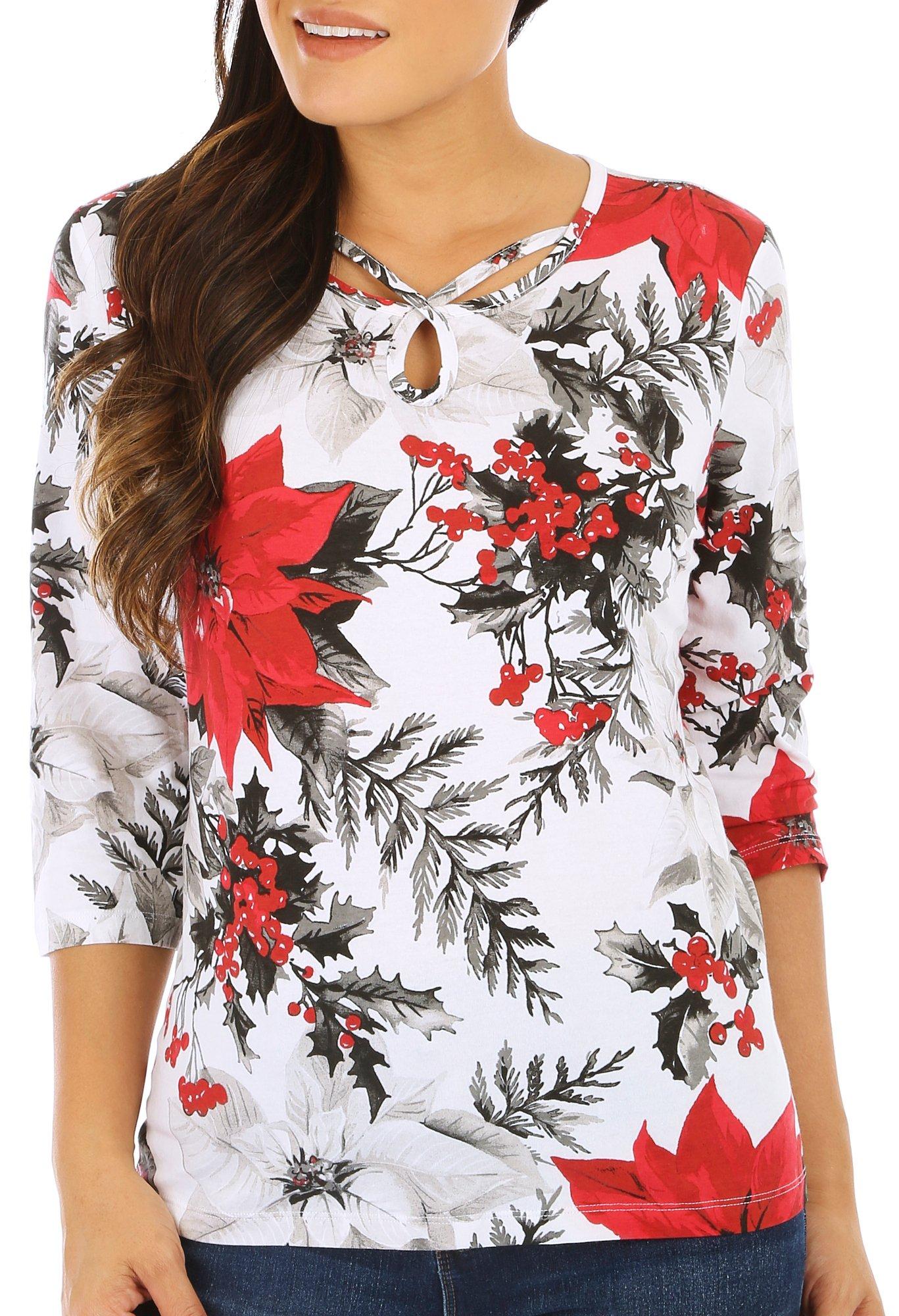 Coral Bay Womens 3/4 Sleeve Poinsettia & Holly Top