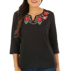 Coral Bay Womens 3/4 Sleeve Notch Neck Poinsettia Top