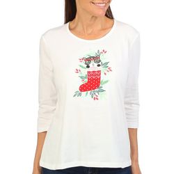 Coral Bay Womens 3/4 Sleeve Christmas Kitty Stocking Top