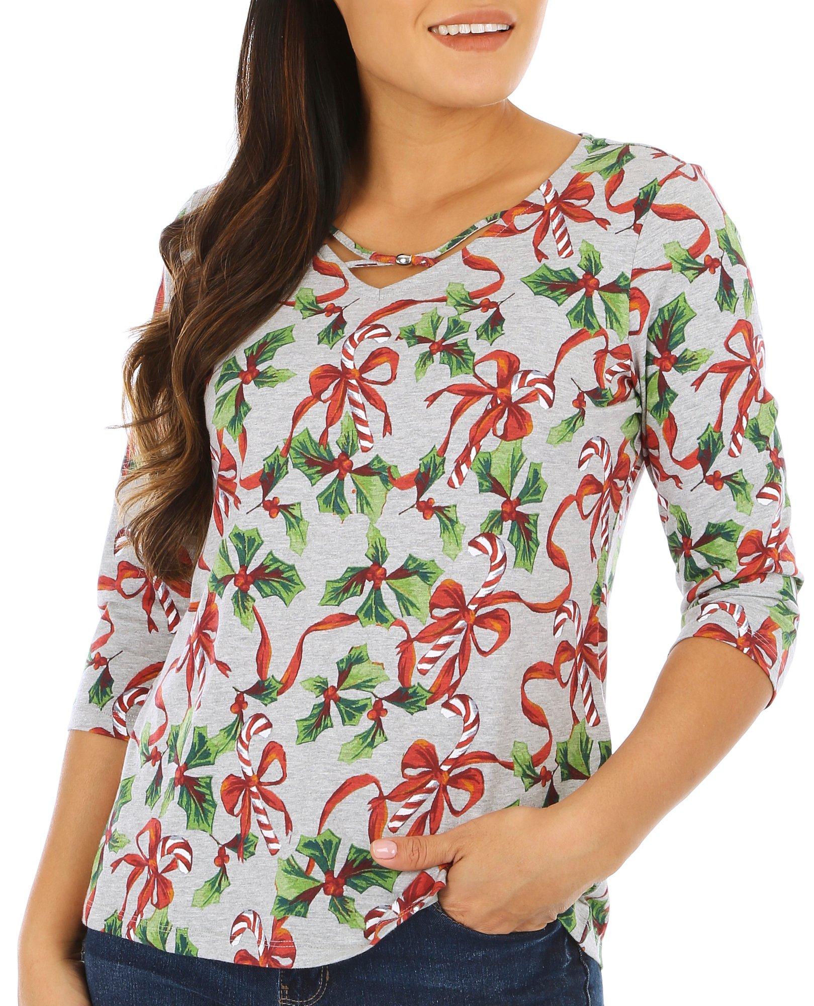 Coral Bay Womens 3/4 Sleeve Candycanes & Holly Top