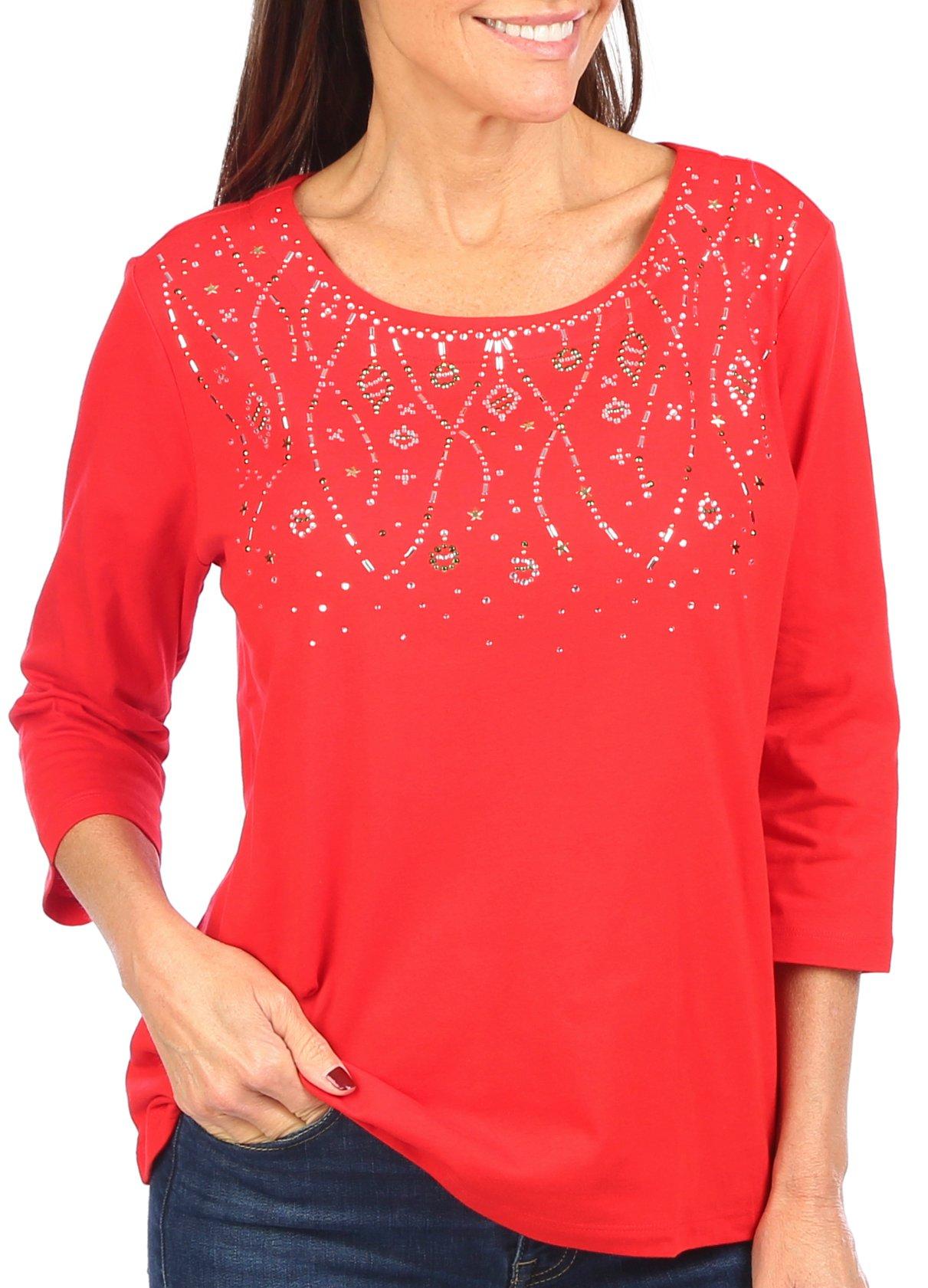 Coral Bay Womens 3/4 Sleeve Christmas Tinsel & Ornaments Top