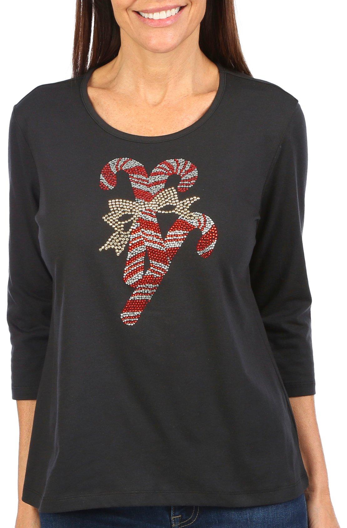Coral Bay Womens 3/4 Sleeve Christmas Candy Canes Top