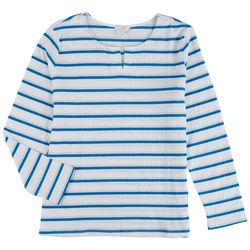 Coral Bay Womens Striped  Notch 3/4 Sleeve Top