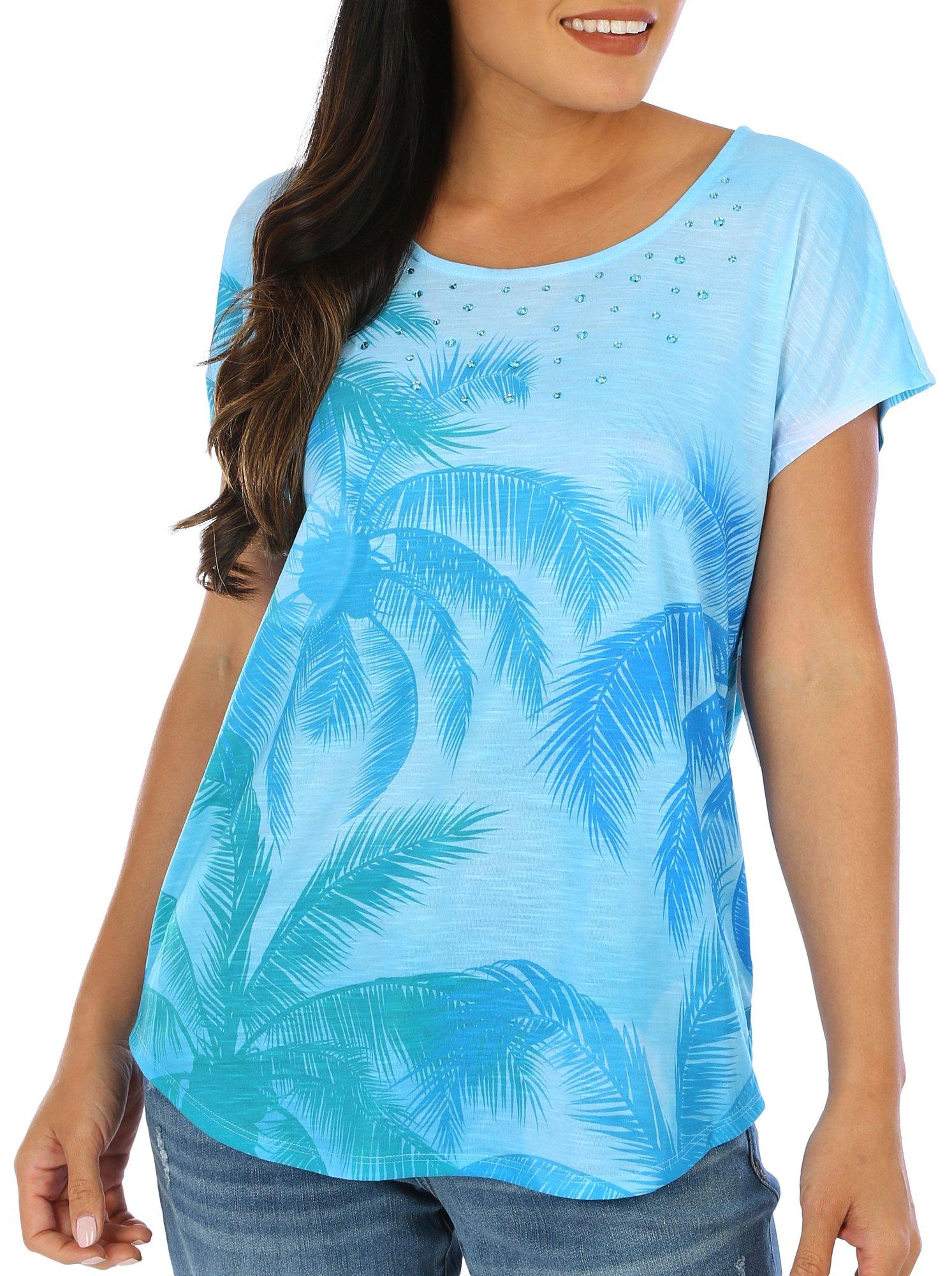 Coral Bay Womens Palms Print Embellished Short Sleeve