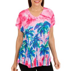 Art & Sol Womens Pink Palms V-Neck Dolman Short Sleeve Top