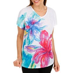 Art & Sol Womens Hibiscus V-Neck Dolman Short Sleeve Top