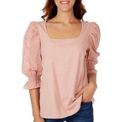 CHENAULT Womens Solid Eyelet 3/4 Sleeve Top
