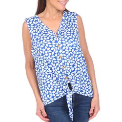 Juniper + Lime Womens Leaves Print Tie-Front Sleeveless Top