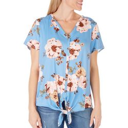 Womens Tropical Floral Tie Front Short Sleeve Top