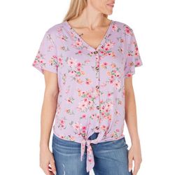 Womens Tropical Floral Print Tie Front Short Sleeve Top