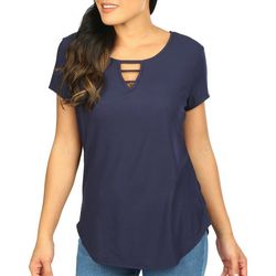 Juniper + Lime Womens Solid Keyhole Short Sleeve Top