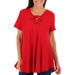 Womens Ribbed Lace Up Short Sleeve Top