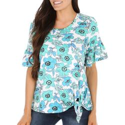 Womens Floral Side Tie Ruffle Short Sleeve Top
