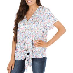 Juniper + Lime Womens Floral Front Tie Short Sleeve Top