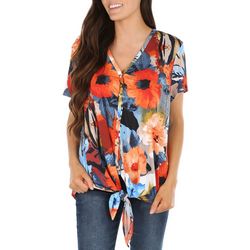 Juniper + Lime Womens Tropical Front Tie Short Sleeve Top