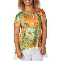 Womens Tropical Sharkbite Lace Hem Short Sleeve Top