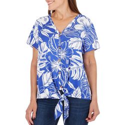 Womens Tropical Print Tie Front Short Sleeve Top