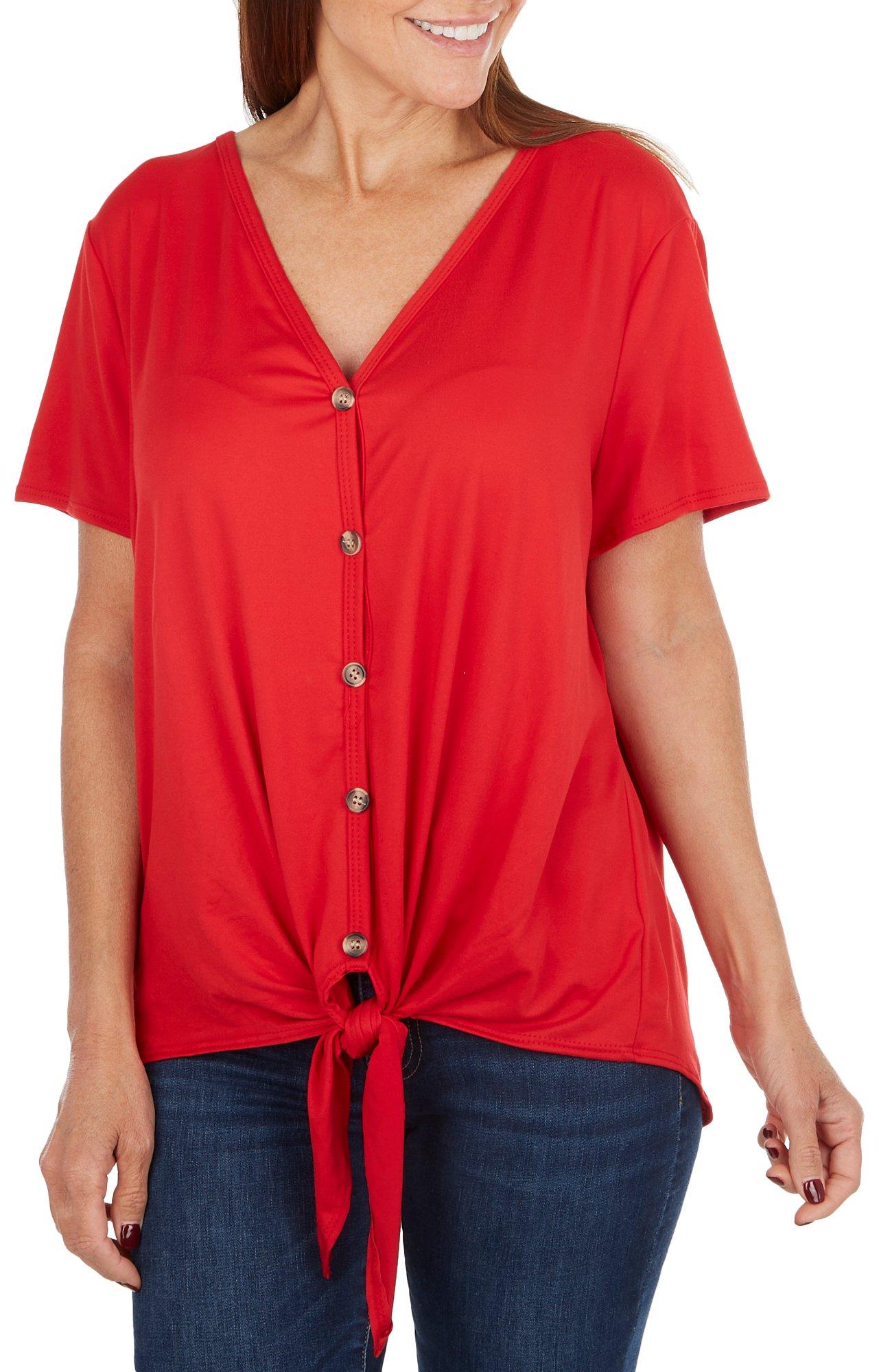 Womens Solid Tie Front Short Sleeve Top