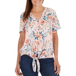 Womens Floral Print Tie Front Short Sleeve Top