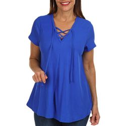 Womens Solid Ribbed Lattice Tie Front Swing Short Sleeve Top